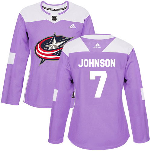 Adidas Blue Jackets #7 Jack Johnson Purple Authentic Fights Cancer Women's Stitched NHL Jersey - Click Image to Close